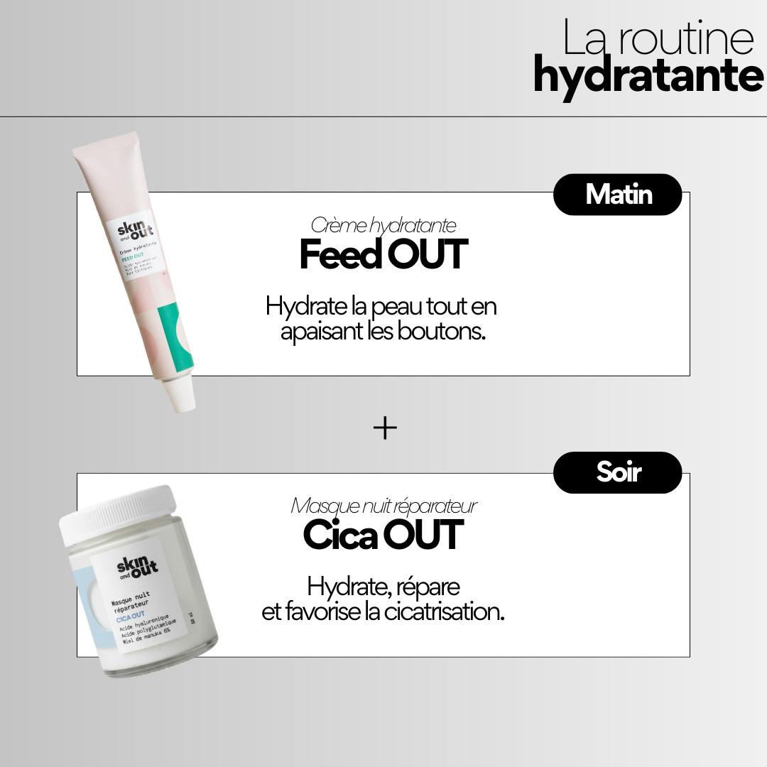 La routine hydratante : crème hydratante Feed OUT et le masque nuit réparateur Cica OUT